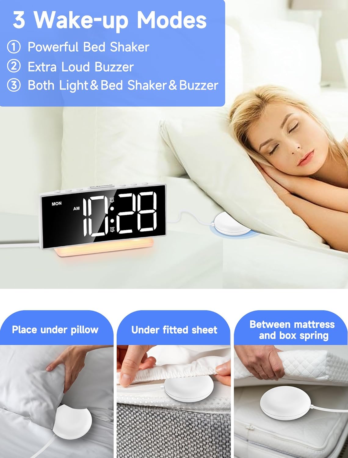 Cadmos Extra Loud Alarm Clock with Bed Shaker and RGB Display