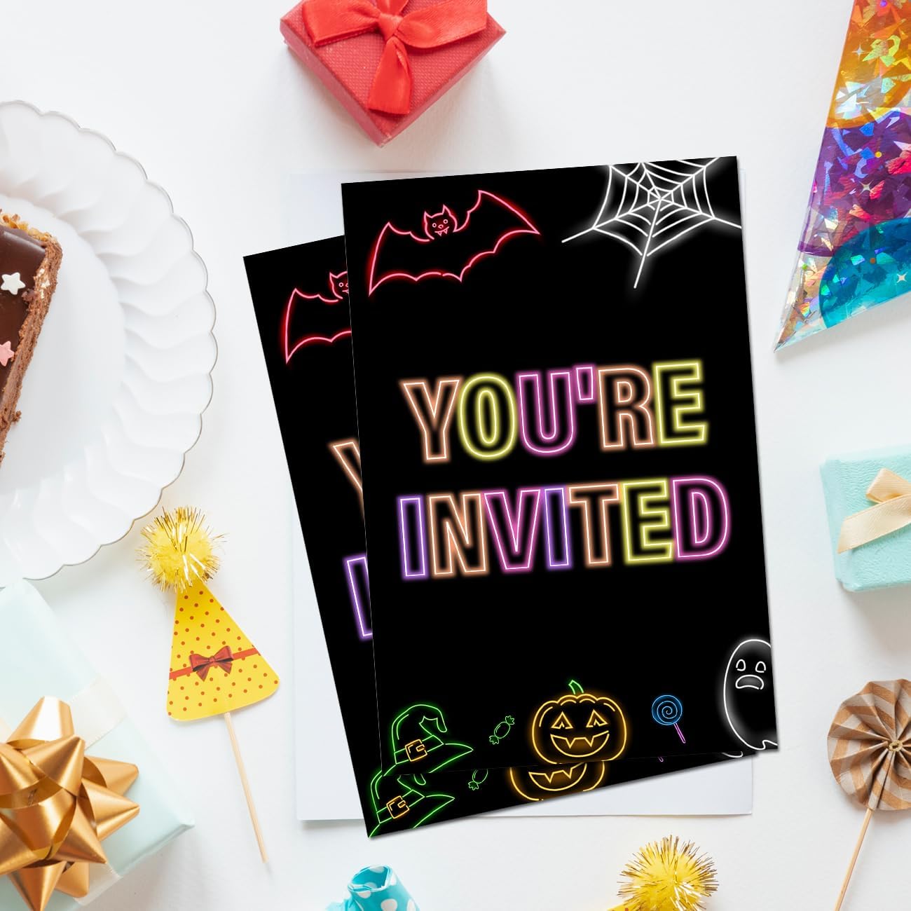 Spooky Neon Halloween Party Invites with Envelopes Set of 20