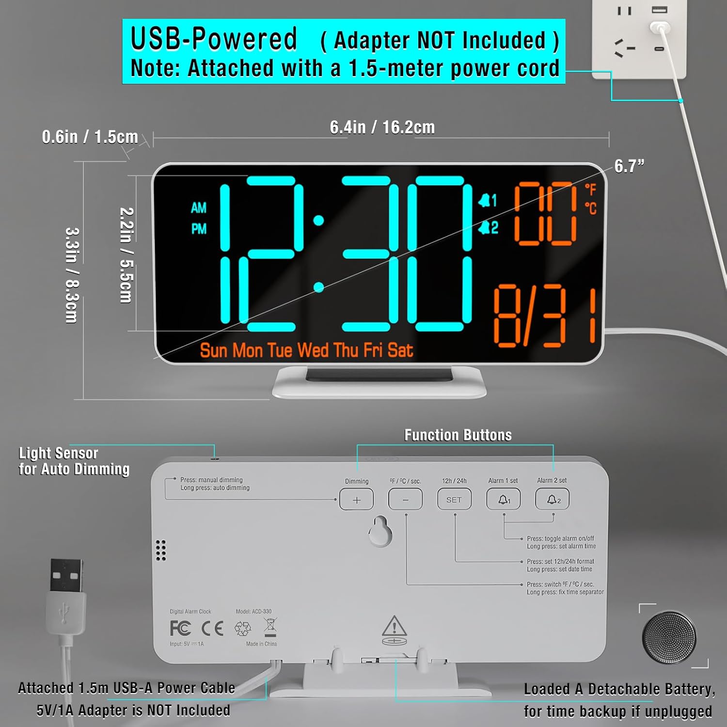 Kosumosu 67 Inch Black Digital Clock with Dual Alarm