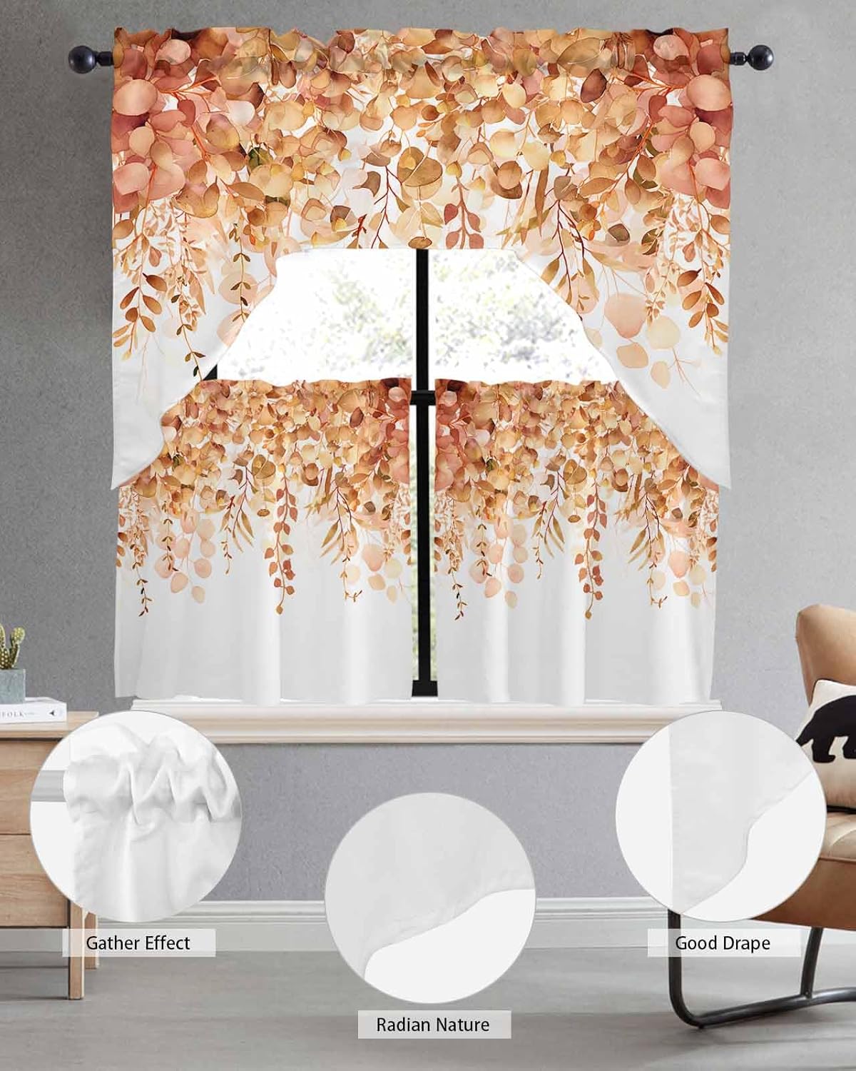 Orange Eucalyptus Leaf Curtain Set with Valance and Tiers