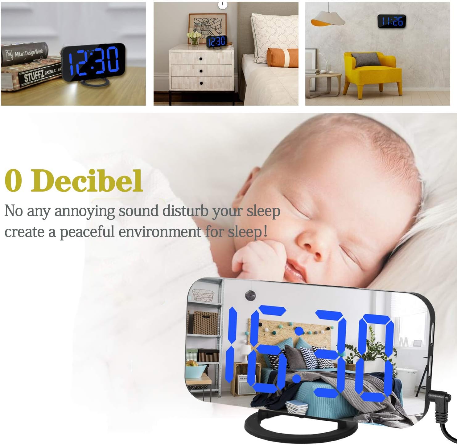 SZELAM Digital Alarm Clock with USB Charger and Mirror Surface