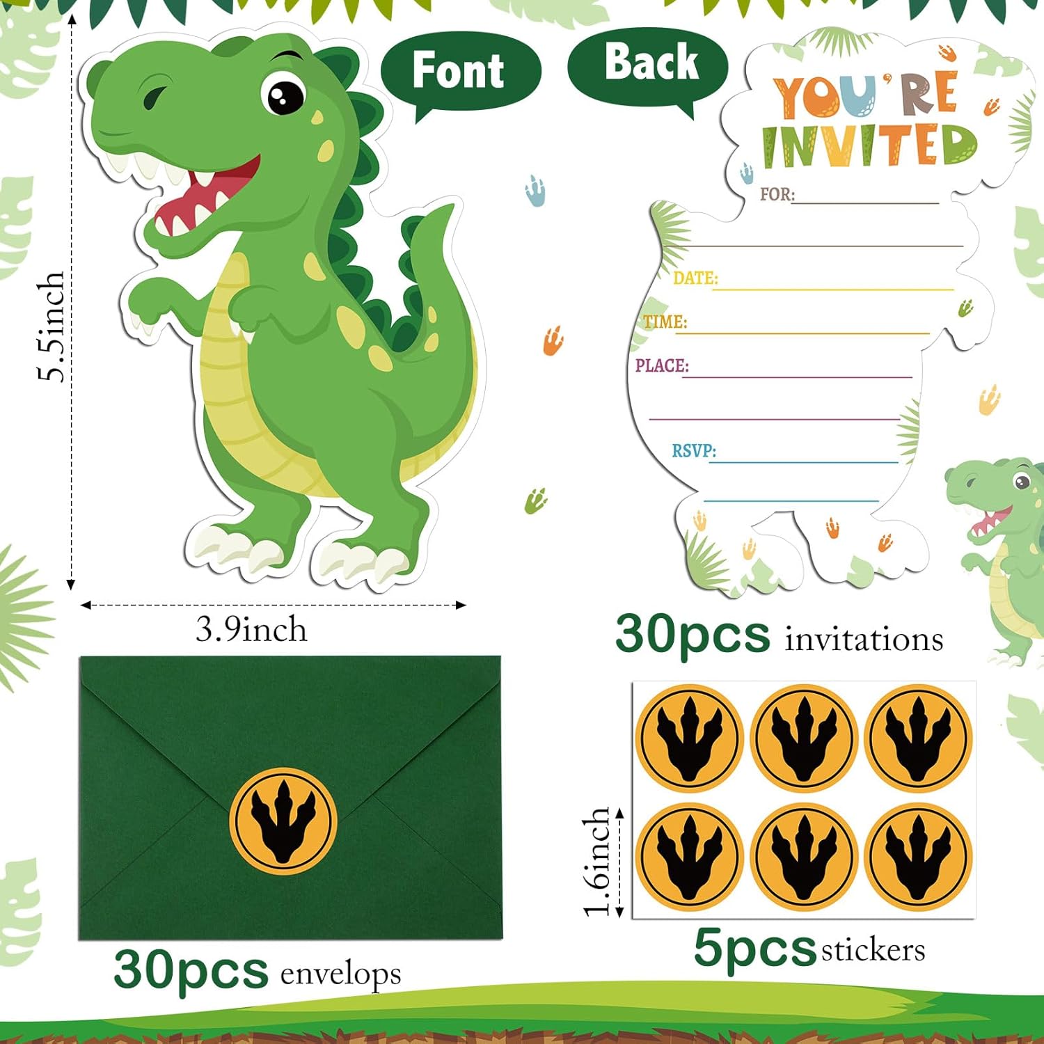30 Dinosaur Birthday Invitations with Envelopes and Stickers