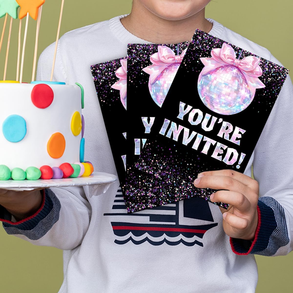 Glitter Disco Birthday Party Invitations with Pink Bow Design