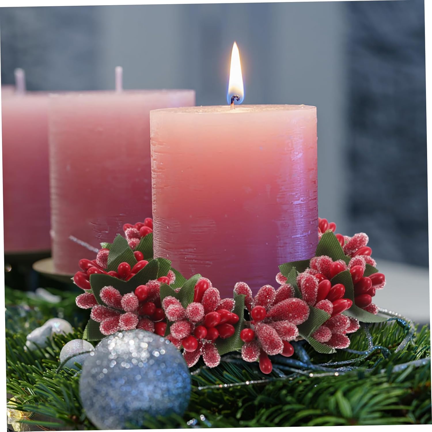 Cabilock Red Berries Pine Cones Candle Wreath Holiday Centerpiece
