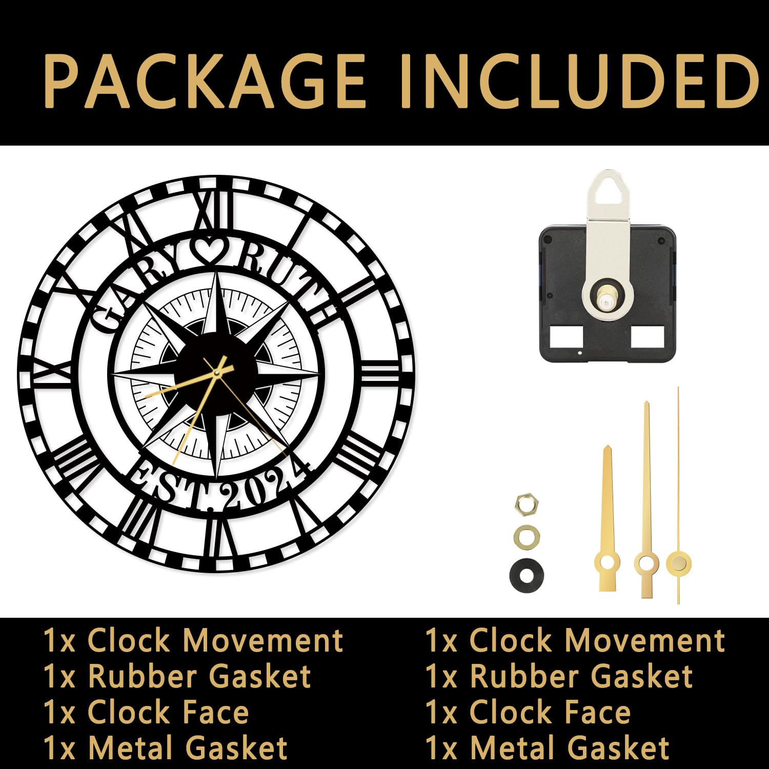 Custom Metal Compass Wall Clock with Name and Date