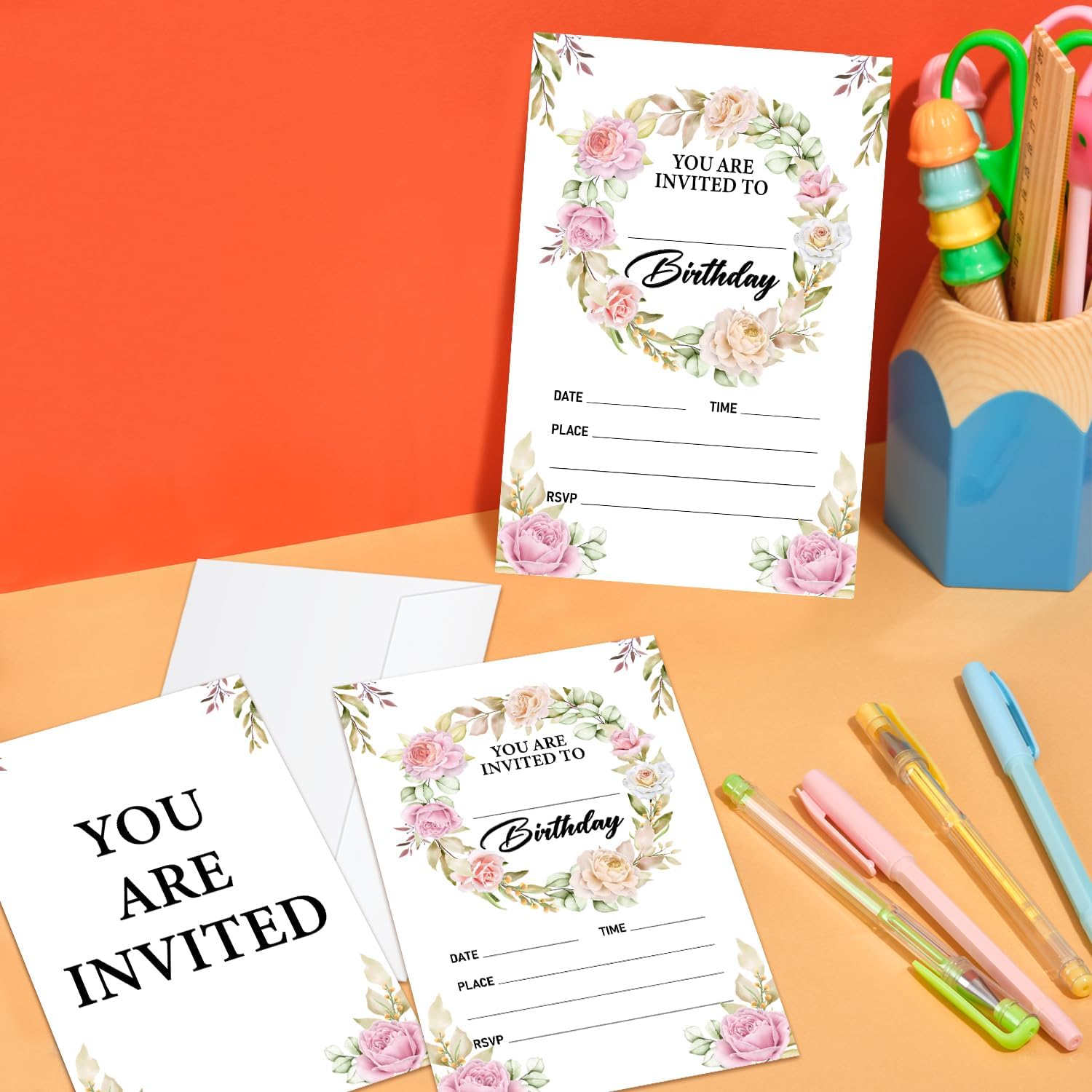 Pink Floral Birthday Party Invitations 20 Pcs with Envelopes