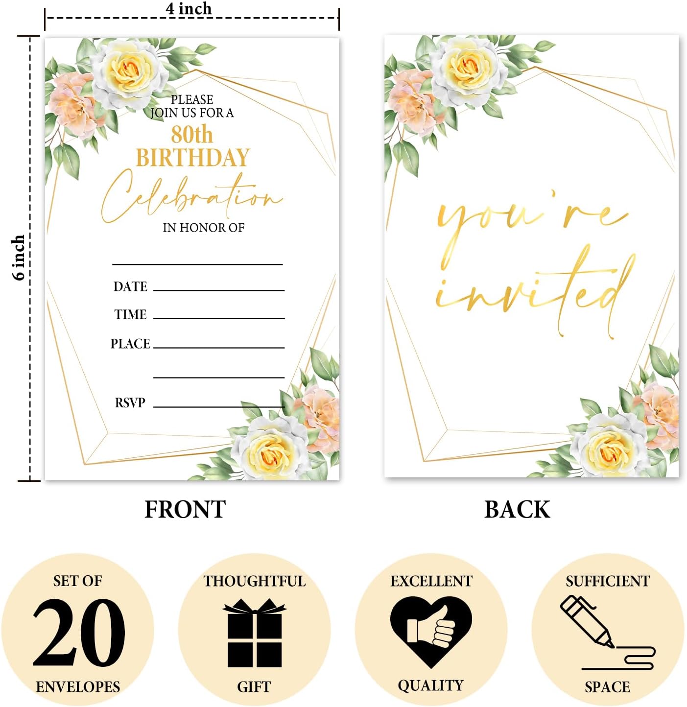 80th Floral Birthday Invitations Set 20PCS