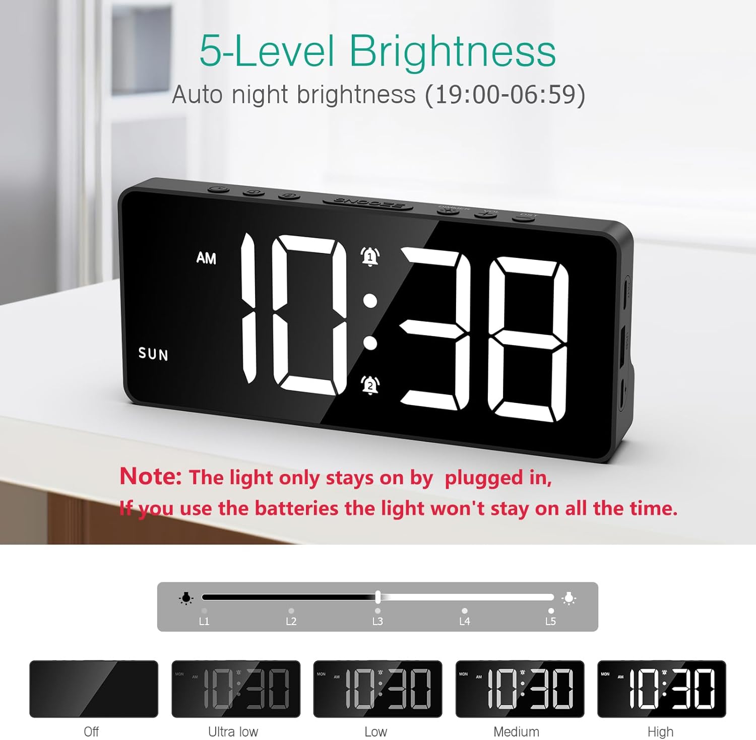 ORIA Digital Alarm Clock with Large Display and Adjustable Brightness