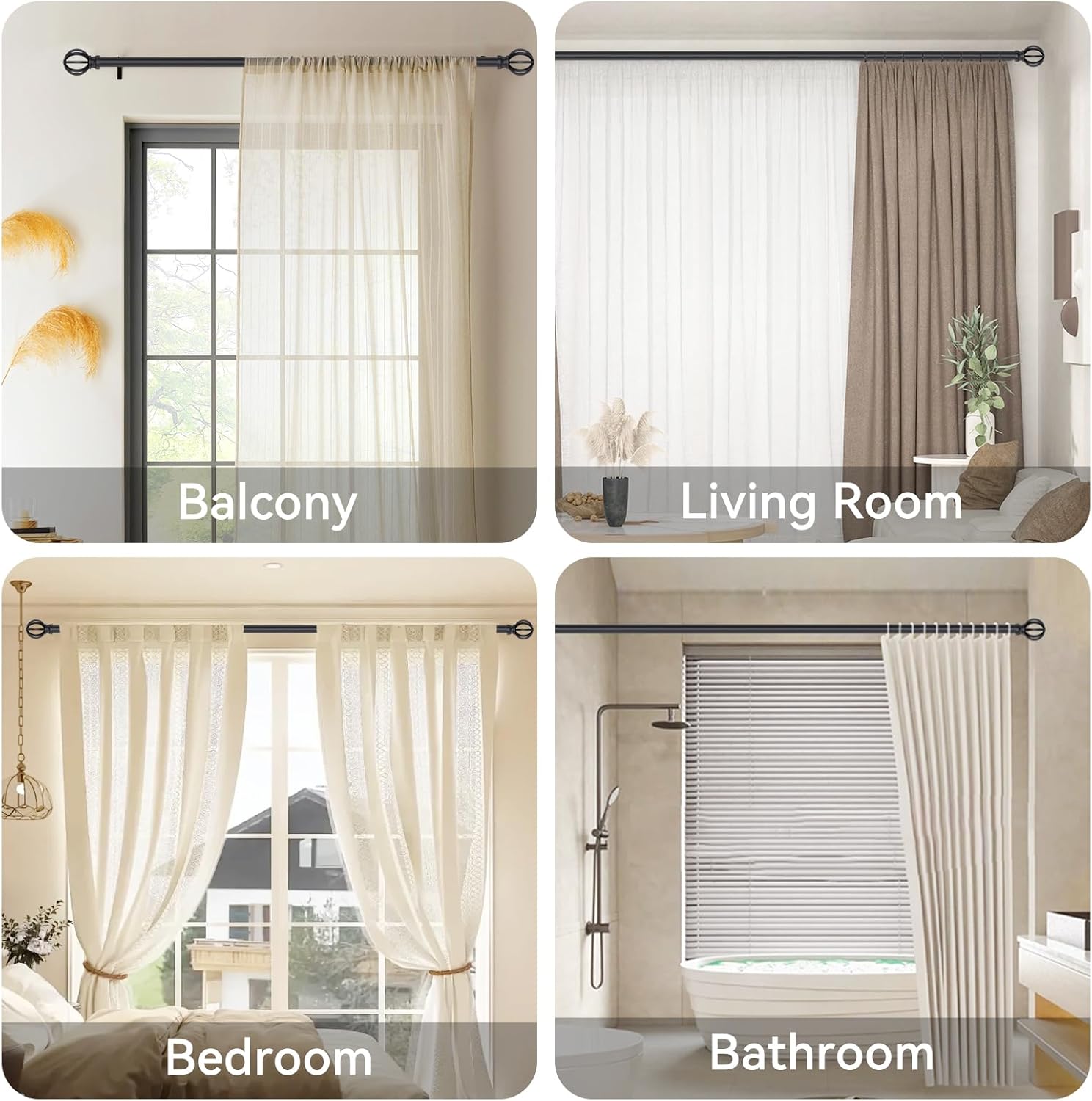 Black Curtain Rods 28-48 Inch Heavy Duty Metal Adjustable