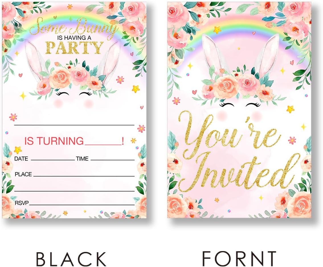 EUDOSI Rainbow Bunny Birthday Invitations Set of 20 with Envelopes