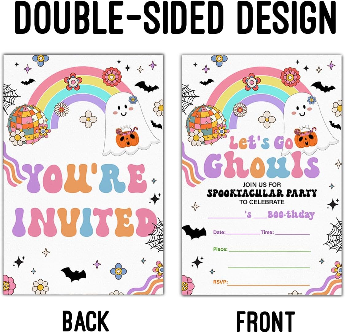 Halloween Birthday Invitations Groovy Rainbow Ghost Lets Go Ghouls 20 Pack