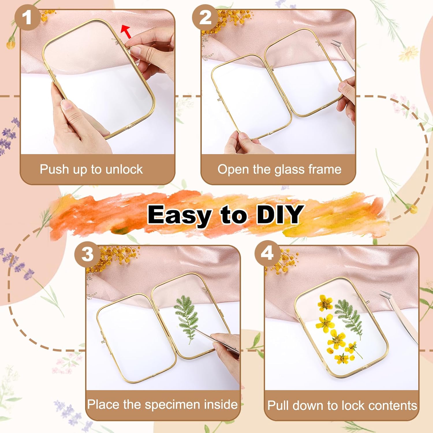 4x6 Inch Double Glass Pressed Flower Frame with Gold Frame