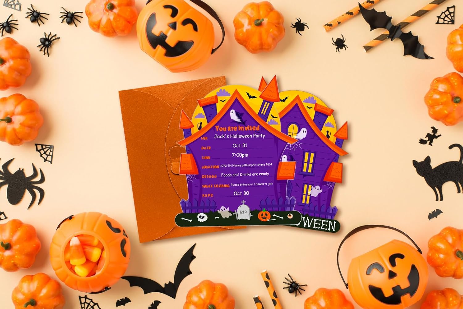 D4DREAM Halloween Party Invitation Cards and Envelopes 12 Pcs Brown Unisex Adult