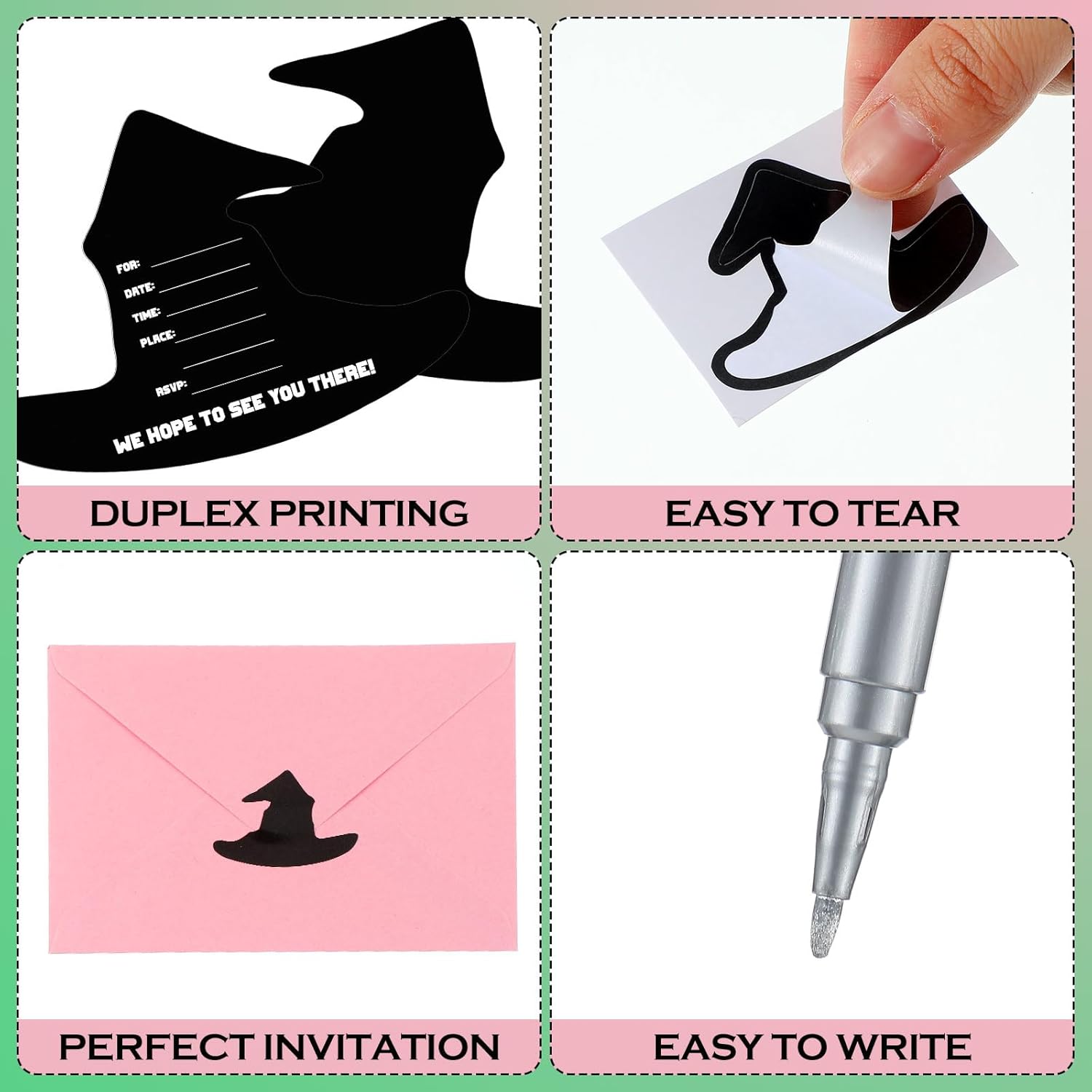 24 Set Witch Party Pink Green Invitations with Envelopes and Stickers