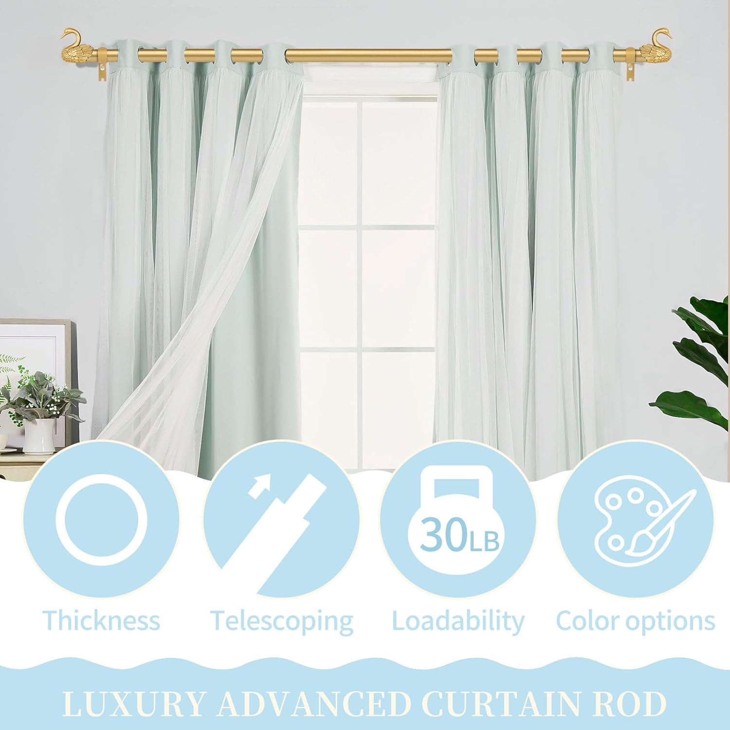 TANGWIN Gold Curtain Rods 48-84 Inch with Swan Finials