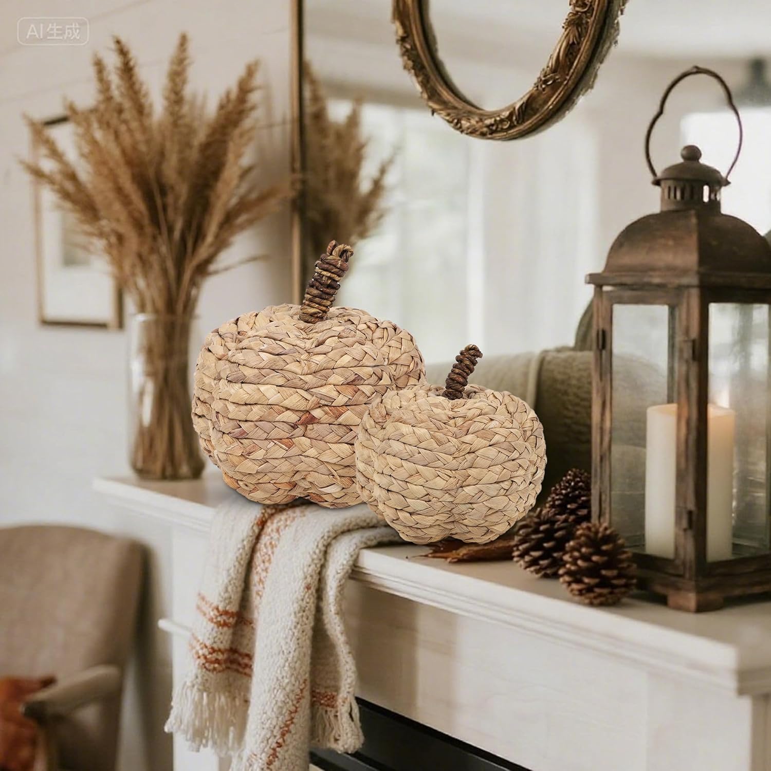Winemana 2 Pack Beige Woven Pumpkin Decorations