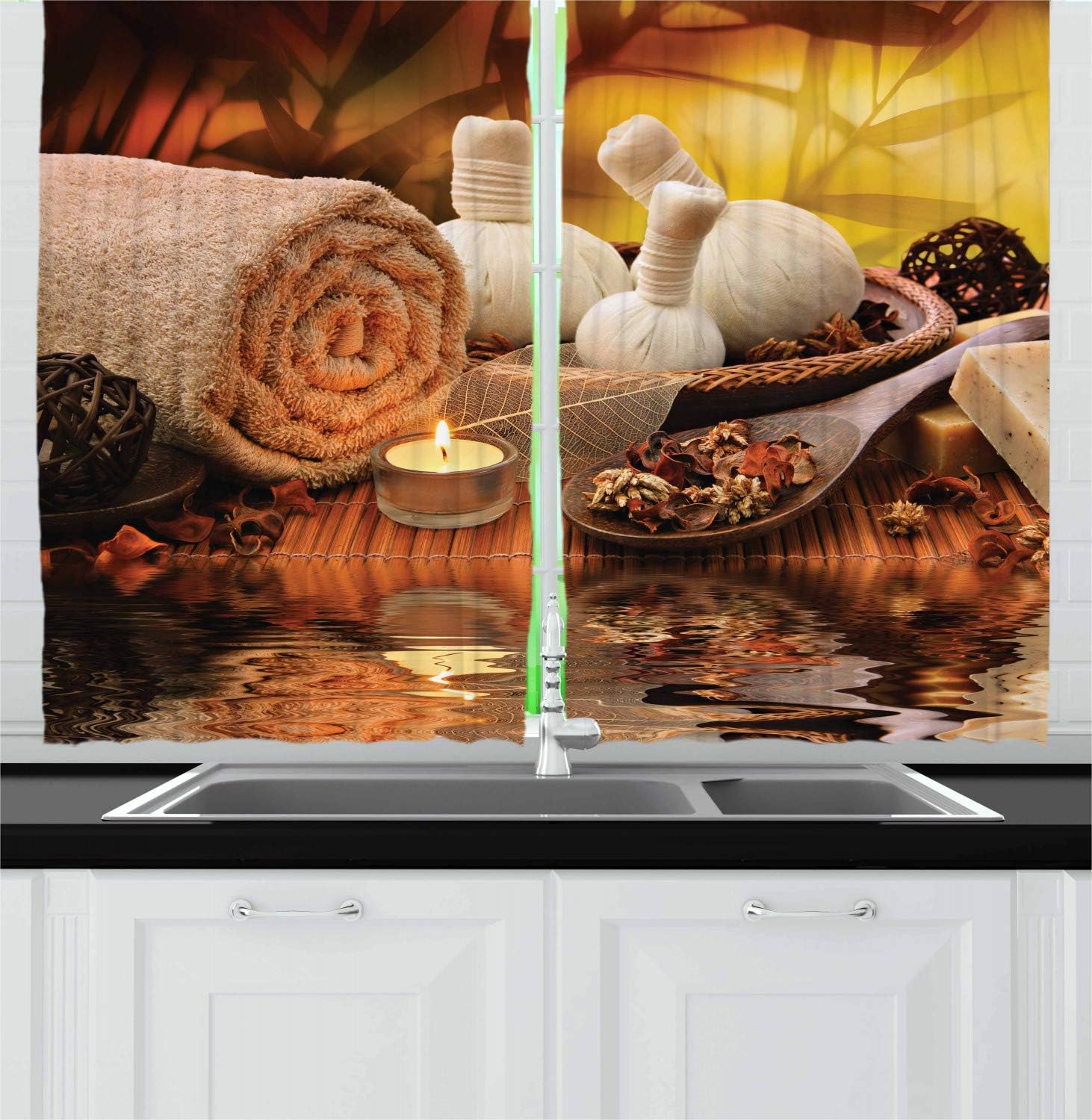 Lunarable Spa Themed Kitchen Curtains 2 Panel Set Mustard Orange