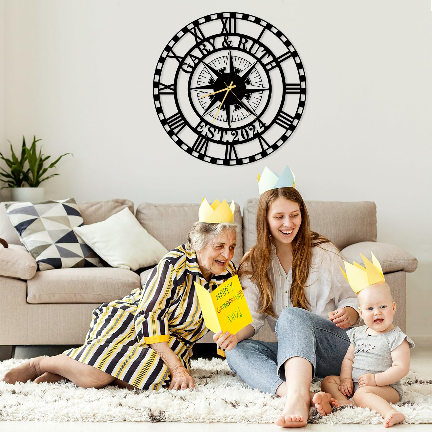 Custom Metal Compass Wall Clock with Name and Date