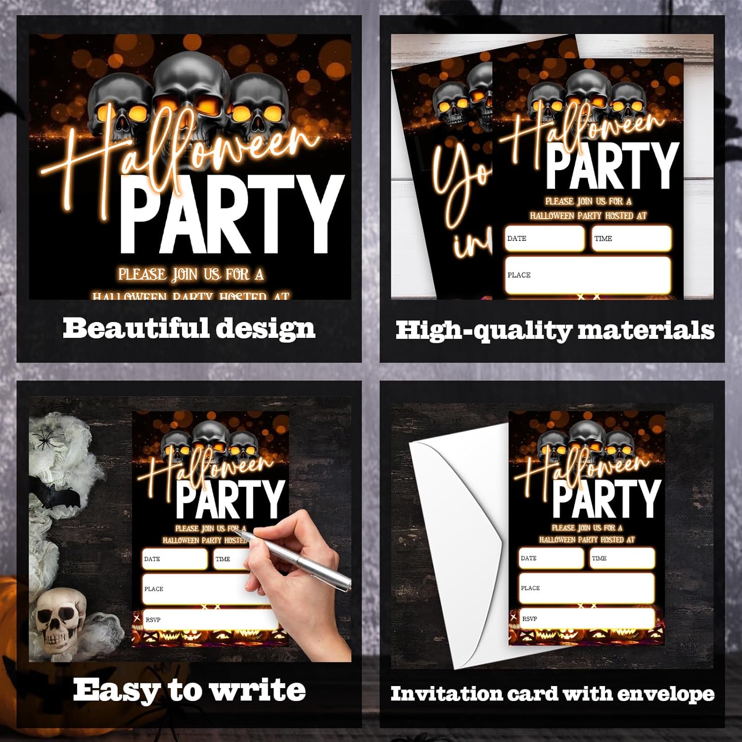 4 x 6 Halloween Party Invitations Skull Design - 25 Cards with Envelopes