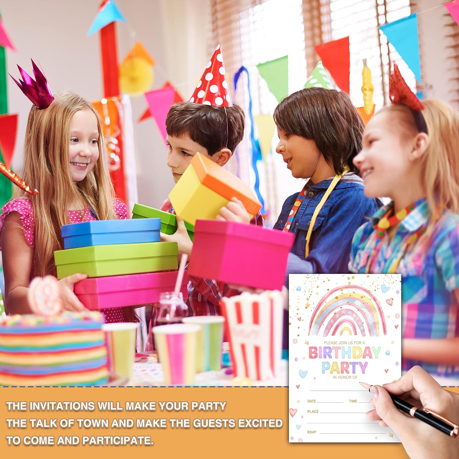 Rainbow Heart Birthday Invitations with Envelopes