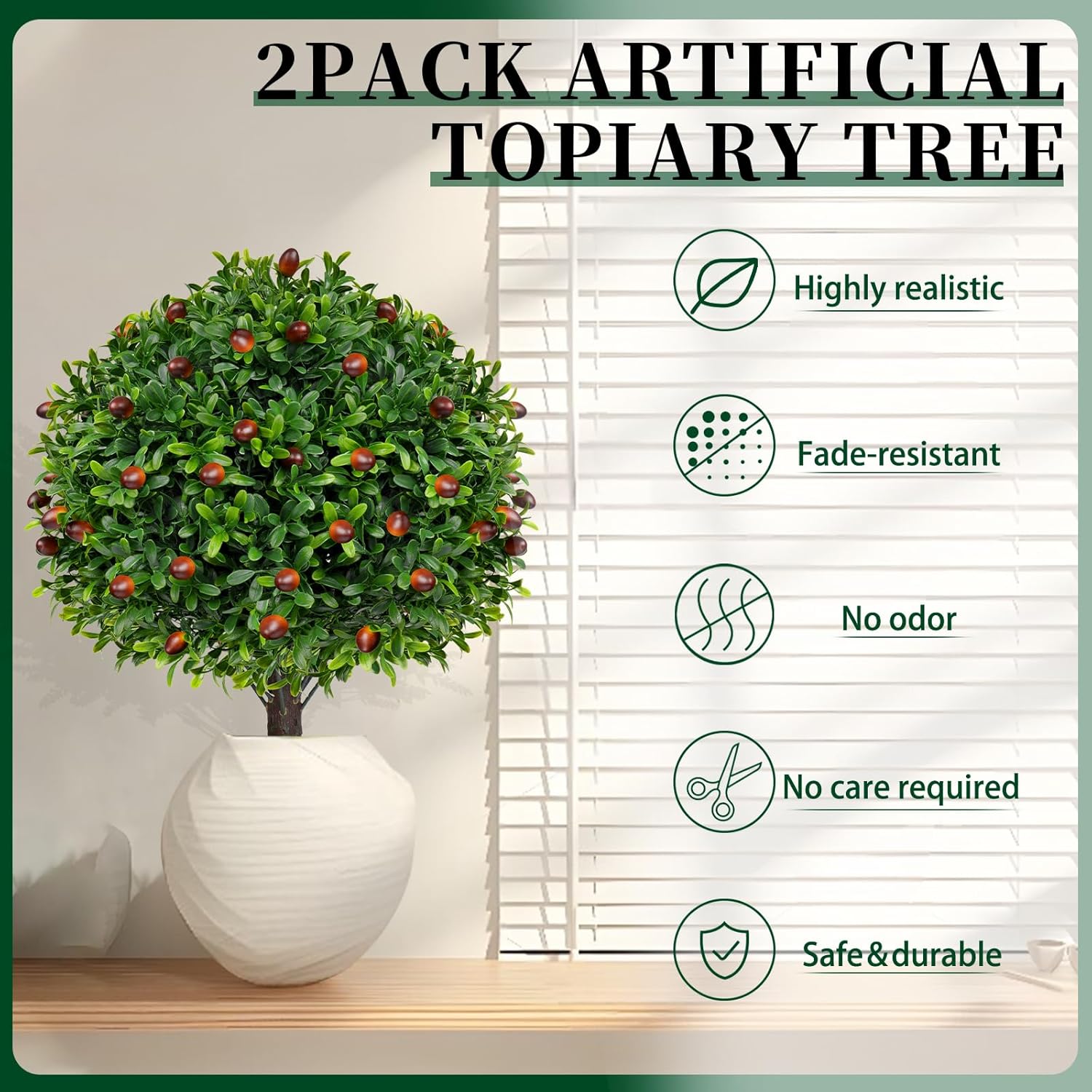 Artificial Olive Boxwood Topiary Ball Trees 2 Set 16 Inch UV Resistant