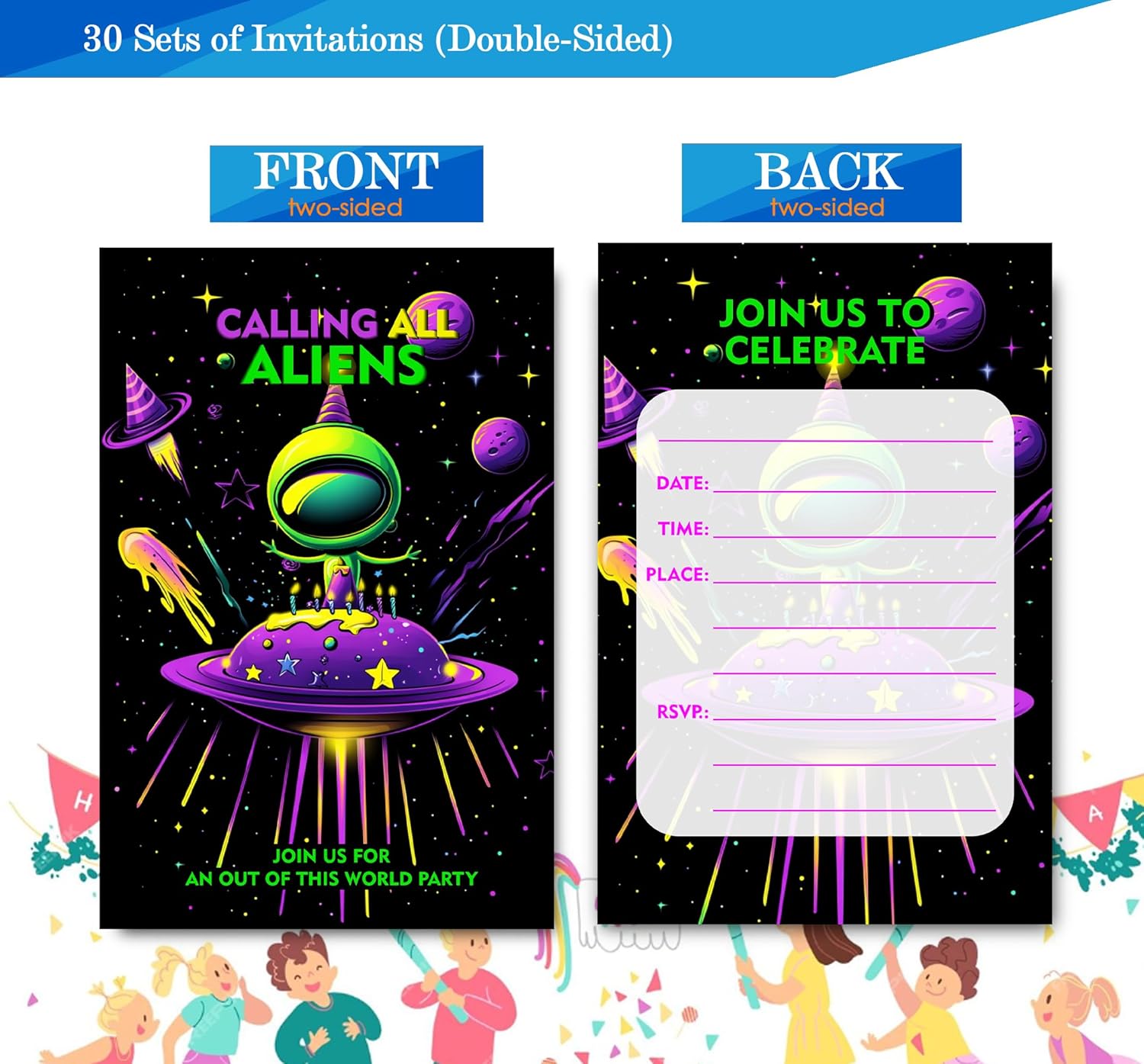 Space Theme Birthday Invitations for Boys 4x6 Inches 30 Sets with Envelopes