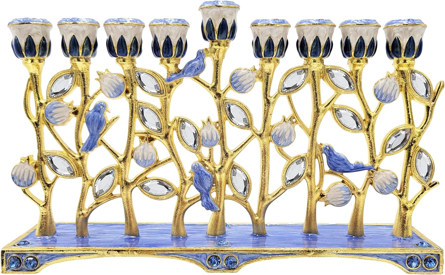 The Dreidel Company Hanukkah Menorah with Pomegranate and Blue Bird Design