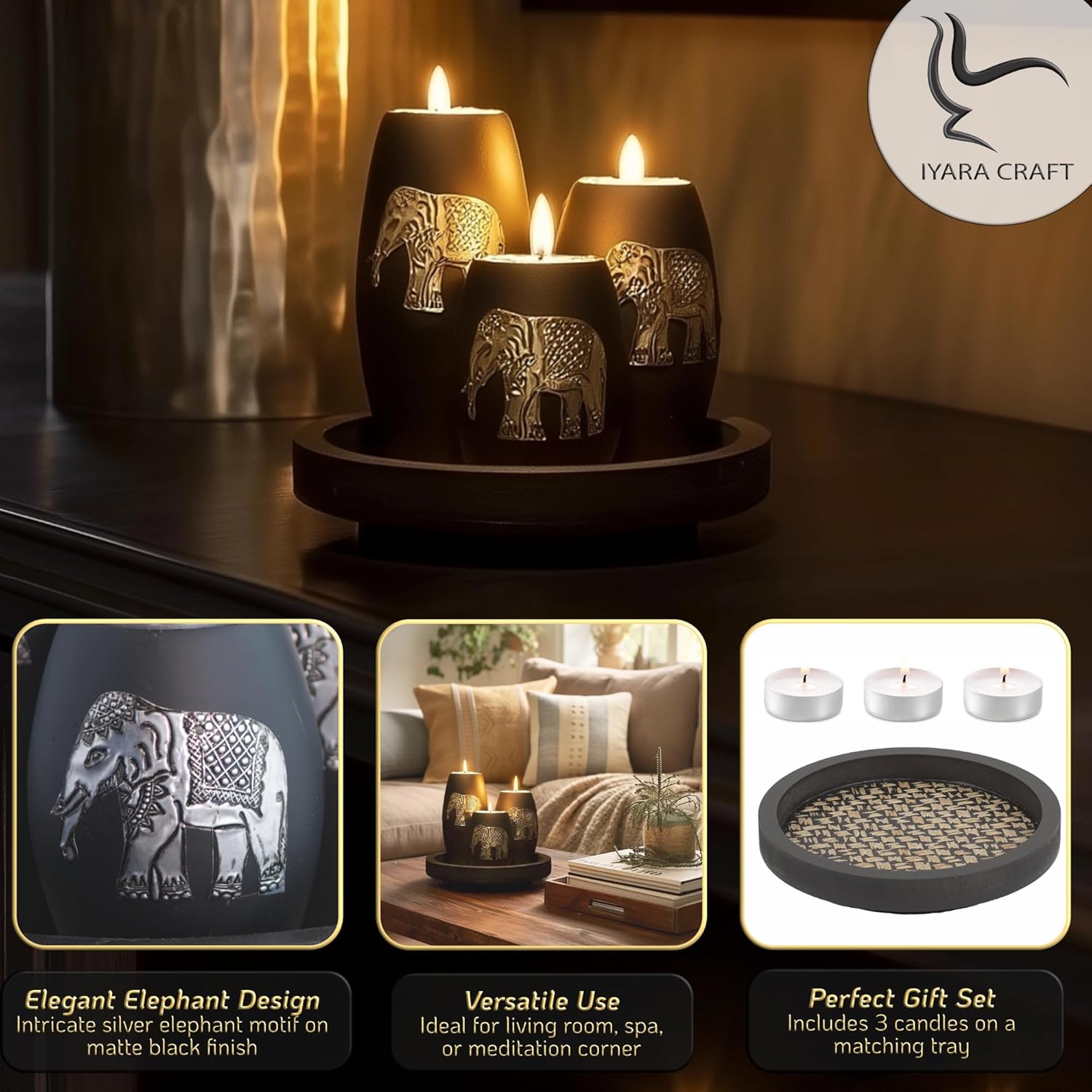 Iyara Craft Elephant Tealight Candle Holder Set 3