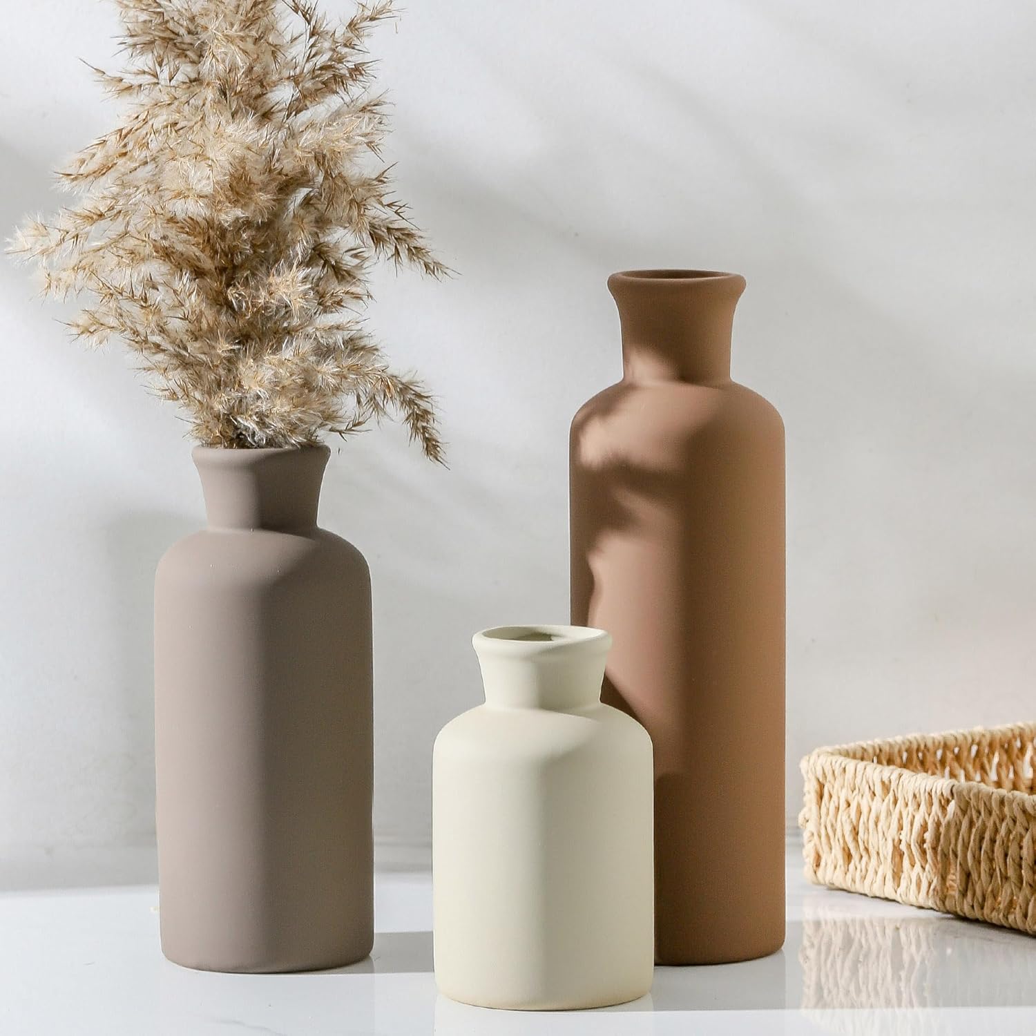 Ceramic Vase Set of 3 Brown Home Decor