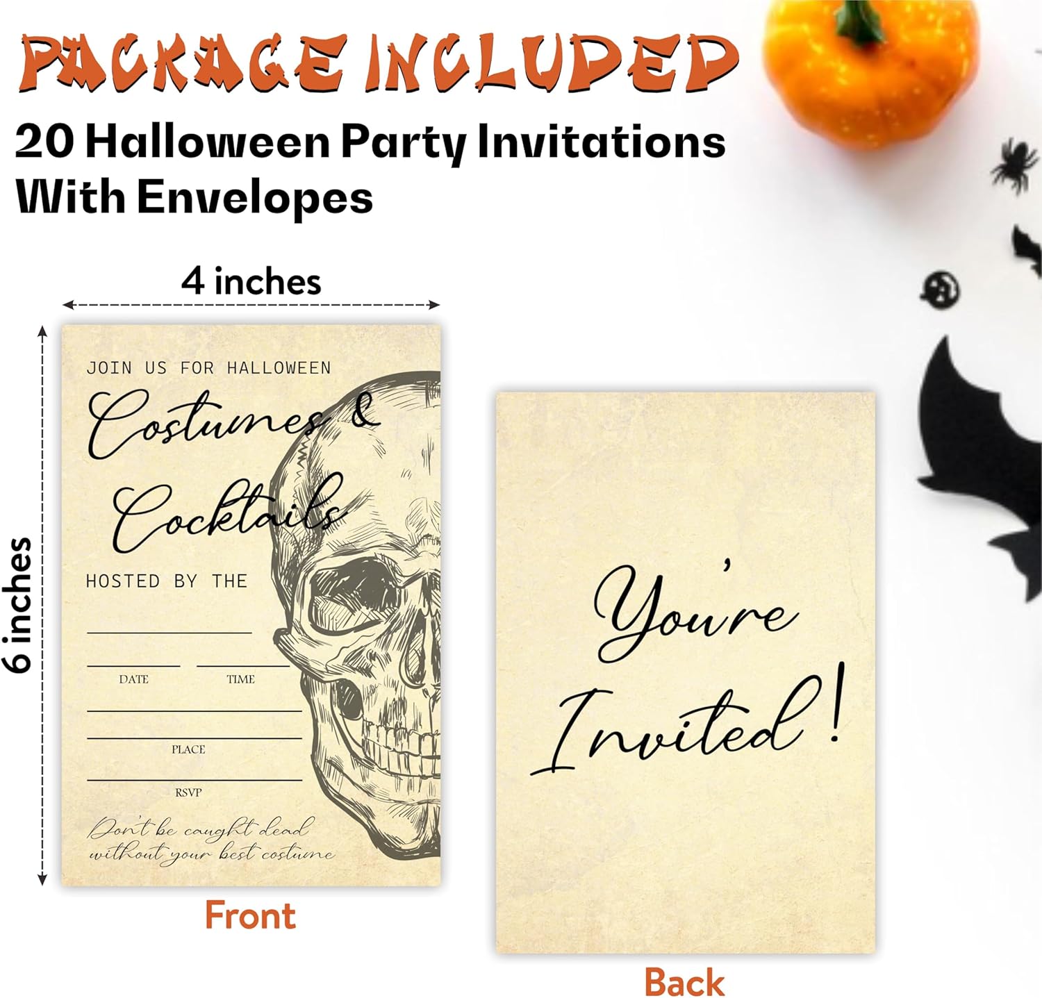 Halloween Party Invitations With Envelopes - Retro Skulls Design - 20 Set