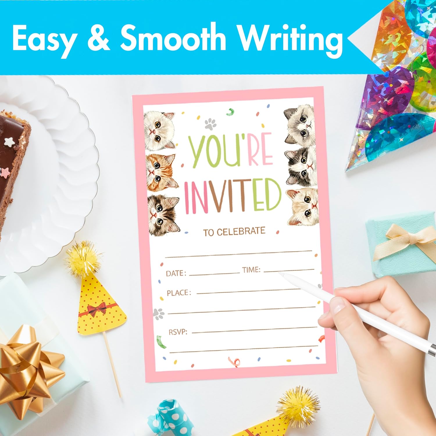 Cute Cats Birthday Invites with Envelopes 30 Count