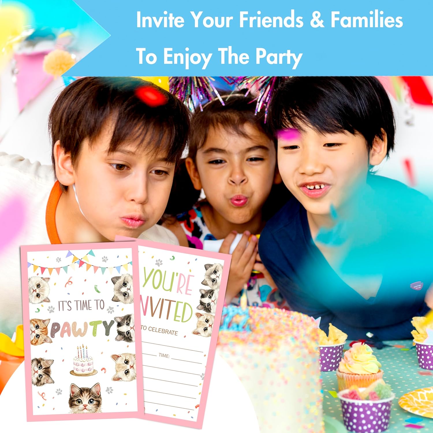 Cute Cats Birthday Invites with Envelopes 30 Count