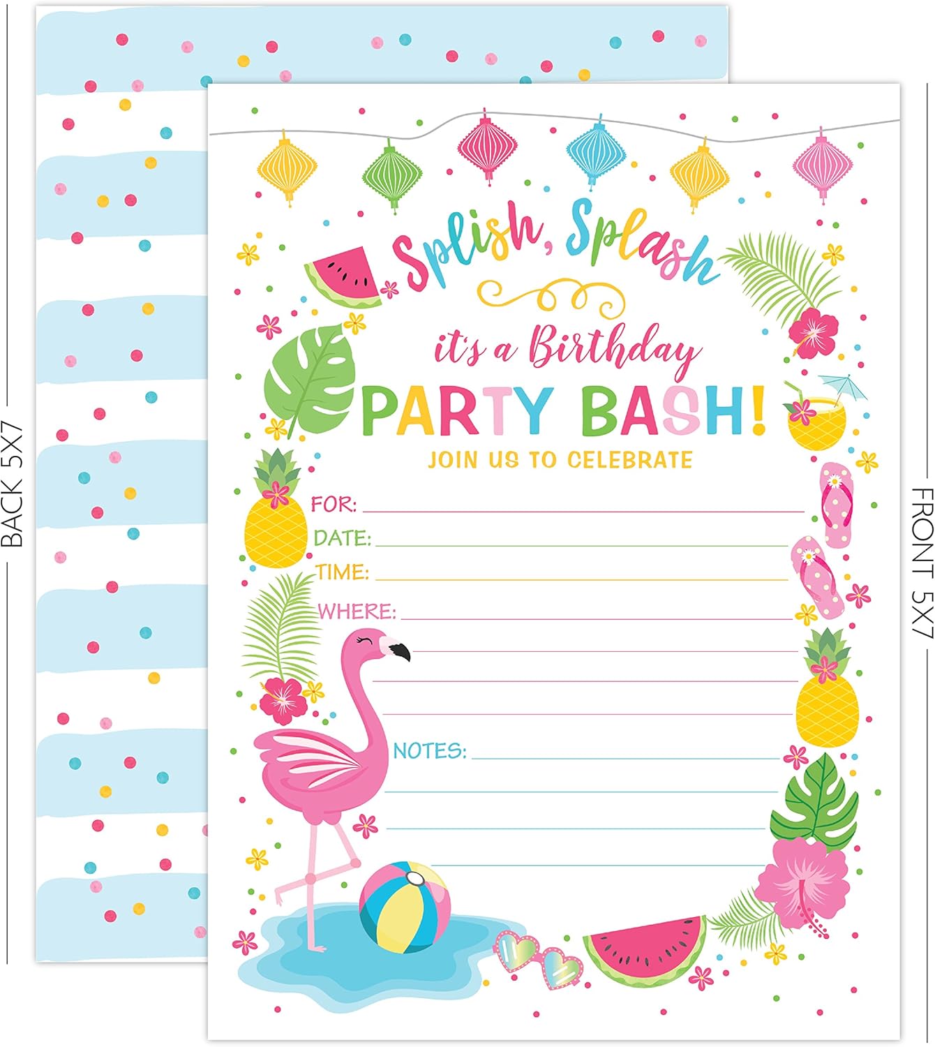 Flamingo Birthday Invite - Summer Pool Party Print - 20 Fill-In Invitations