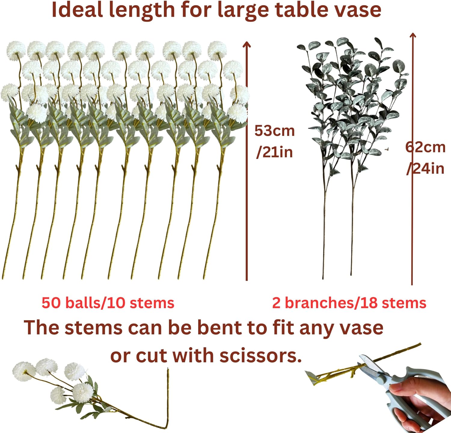 RyddeligHome White Faux Flowers for Vase - 10 Stems Eucalyptus