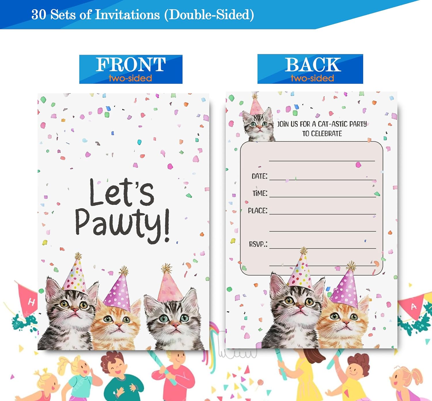 Cat Birthday Invitations 4x6 Inches 30 Sets with Envelopes
