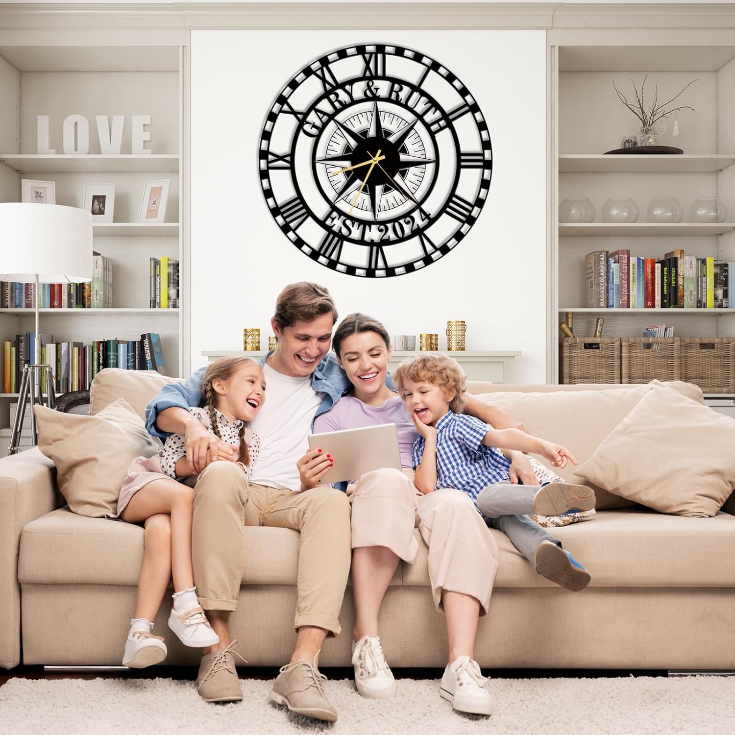 Custom Metal Compass Wall Clock with Name and Date