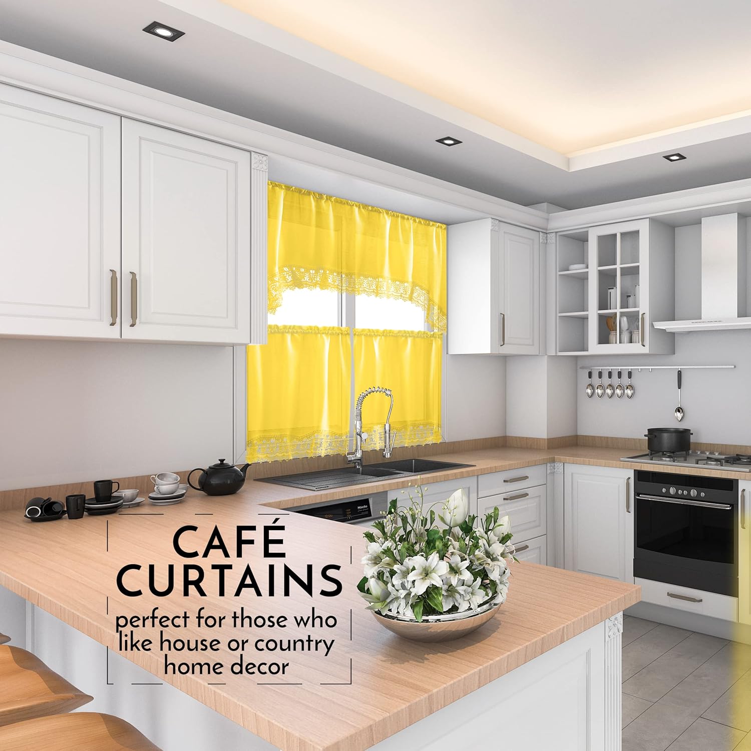 American Linen Caf Curtains with Valance and Embroidered Border