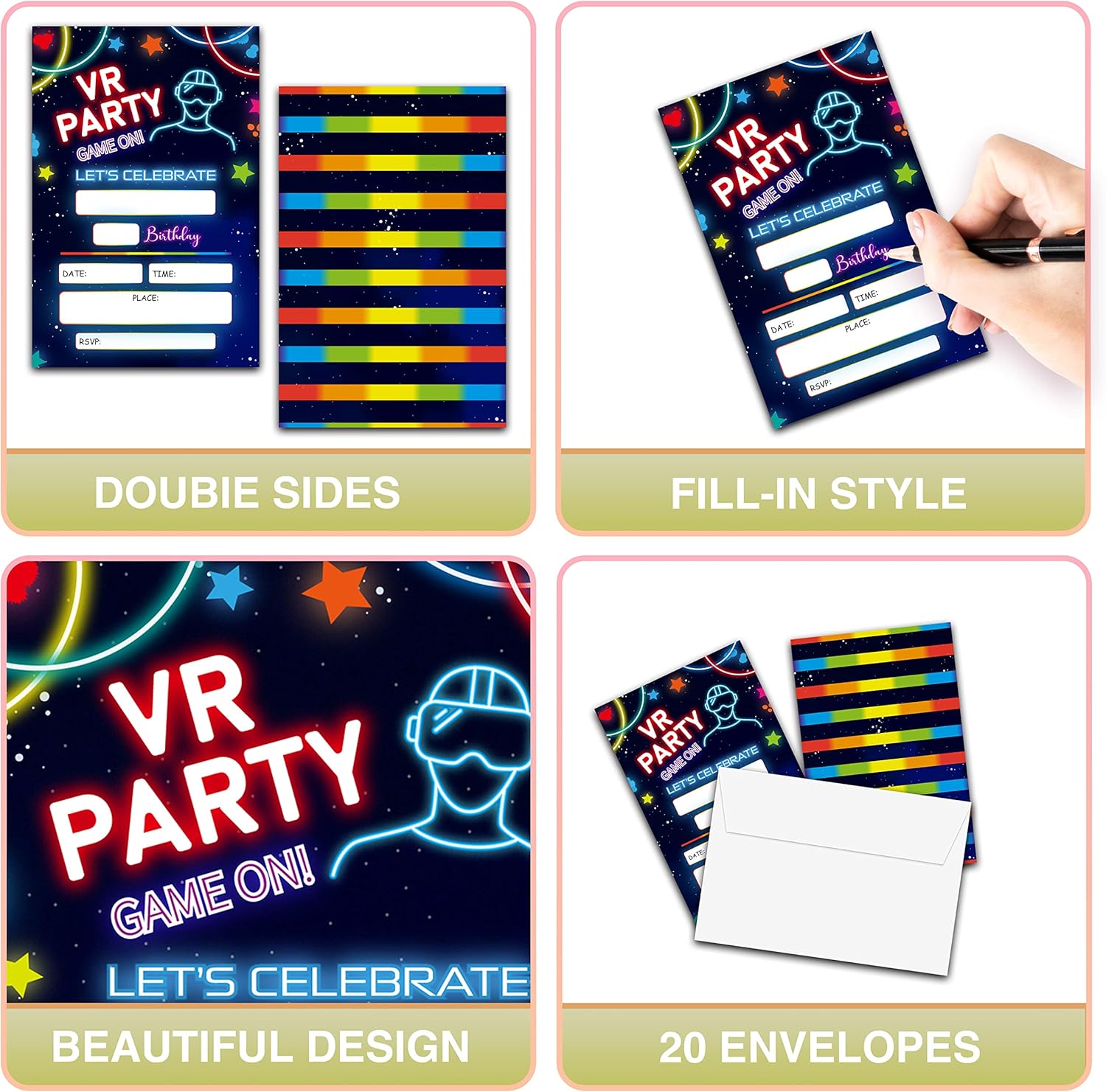 Gaming Birthday Invites with Neon Glow - 20 Pack