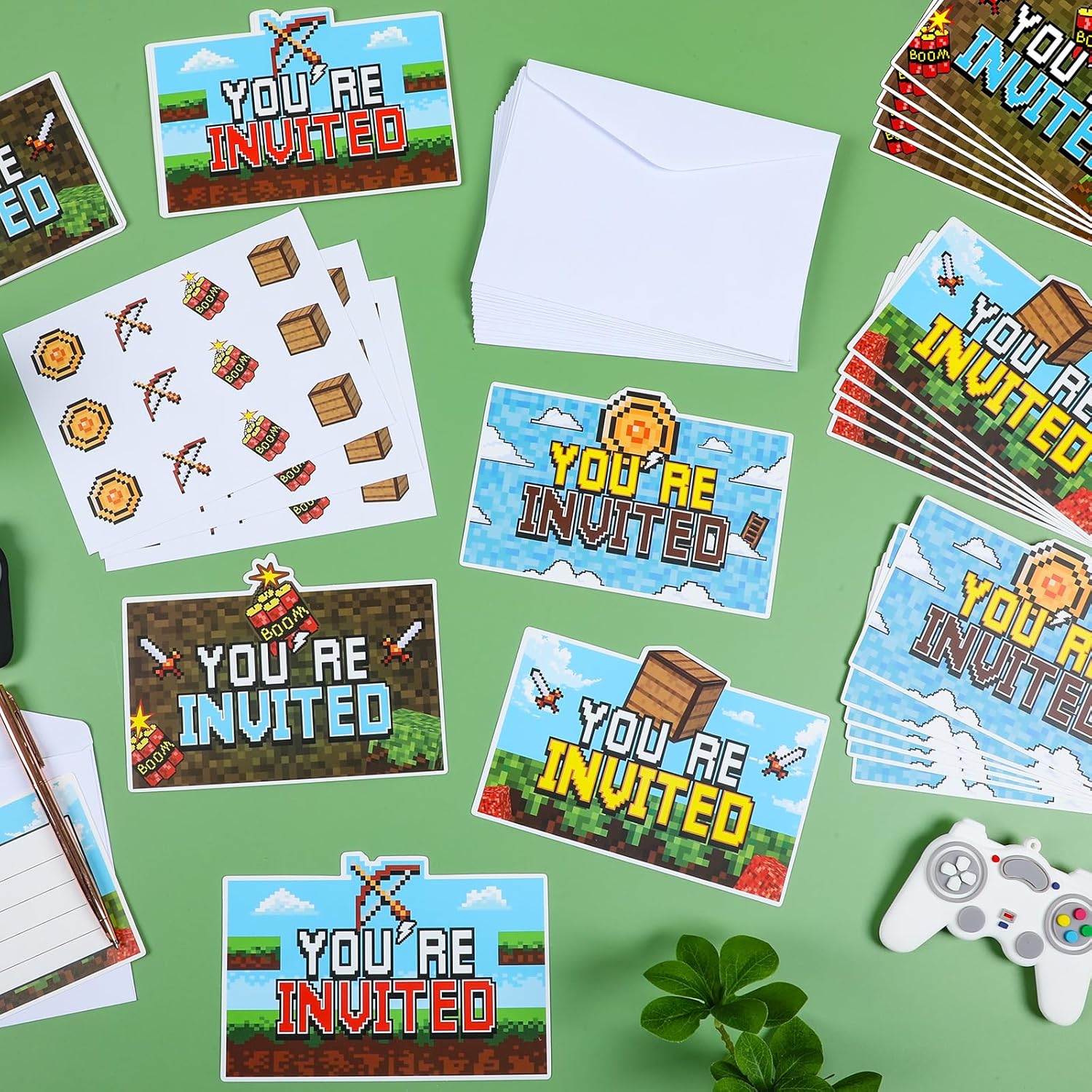 28 Piece Pixel Birthday Invite Set with Envelopes and Stickers