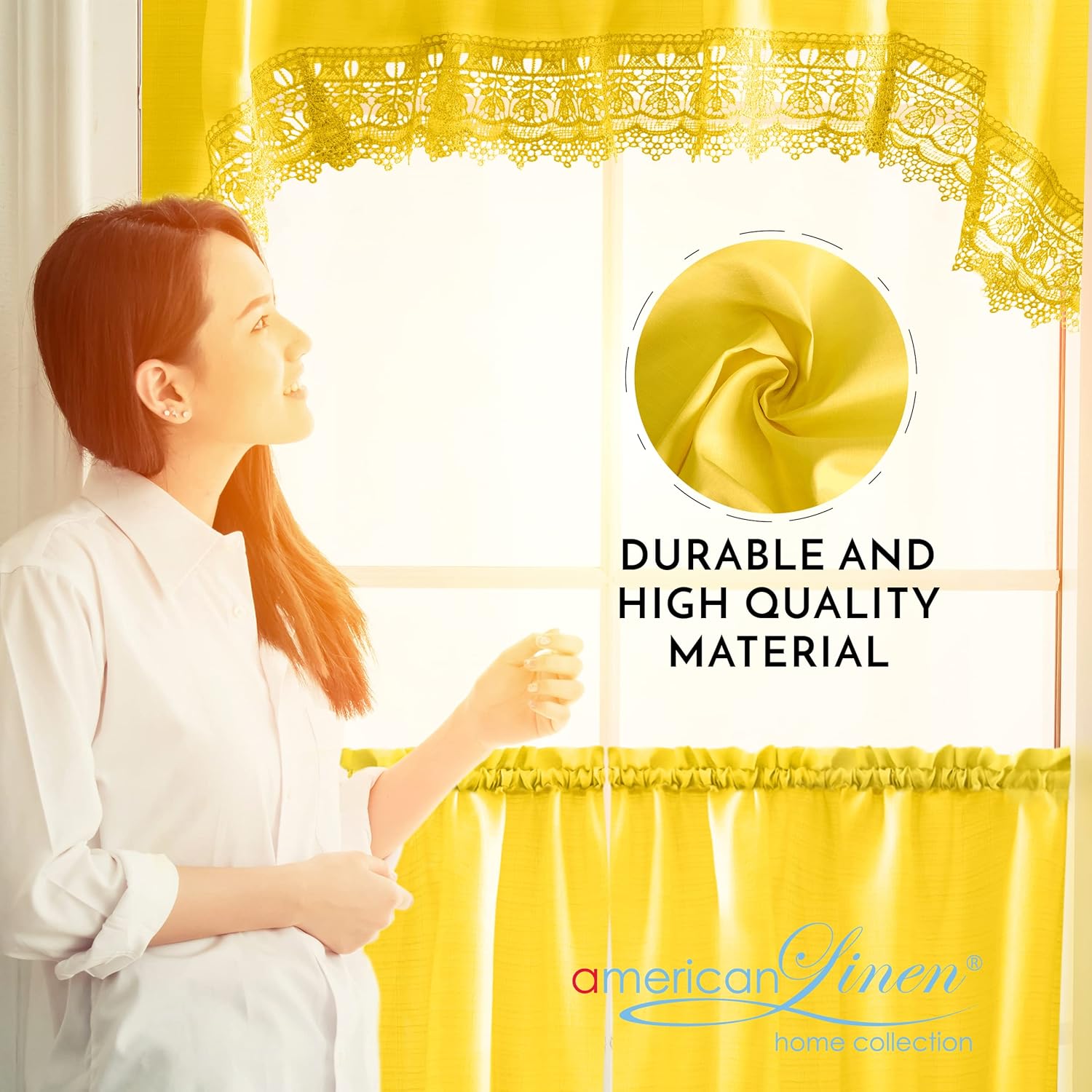American Linen Caf Curtains with Valance and Embroidered Border