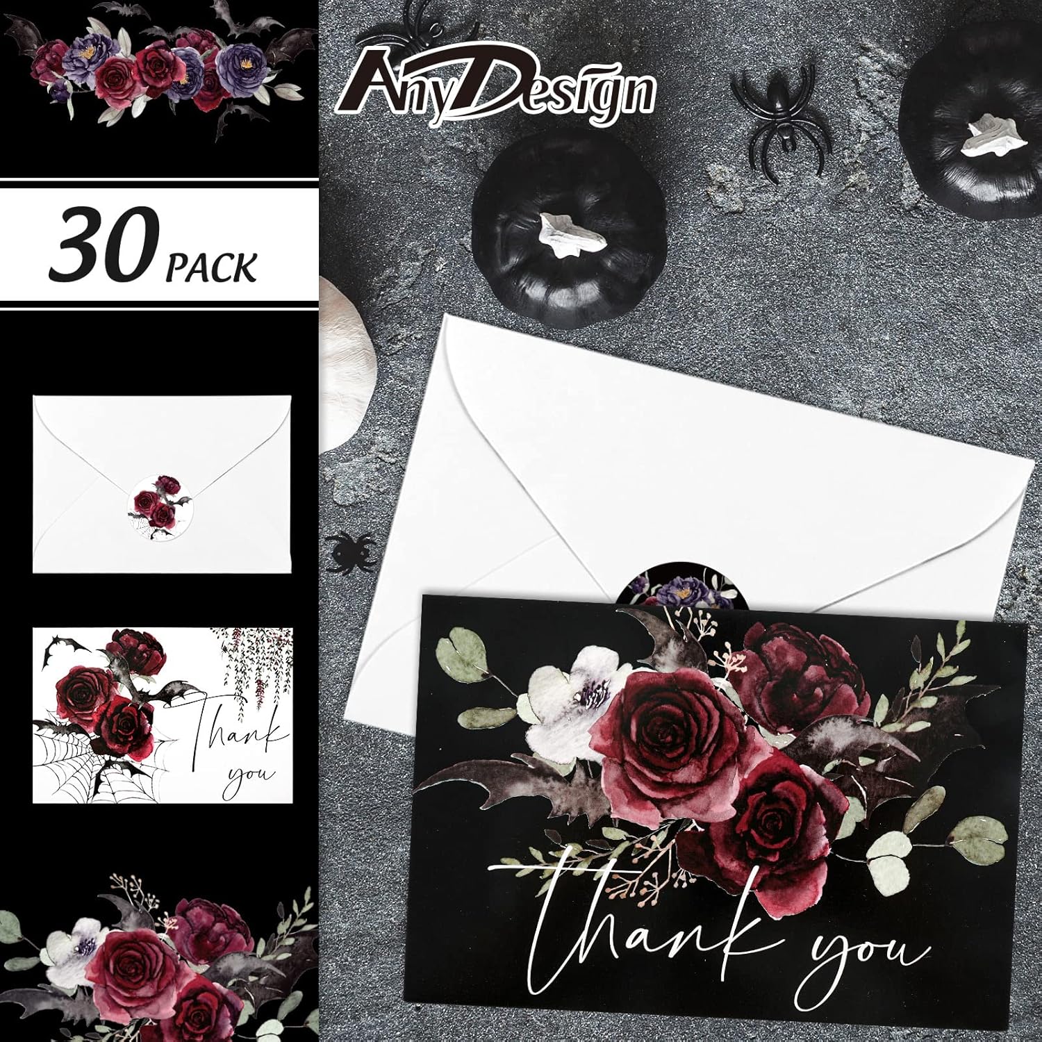 30 Pack Halloween Floral Thank You Cards with Envelopes