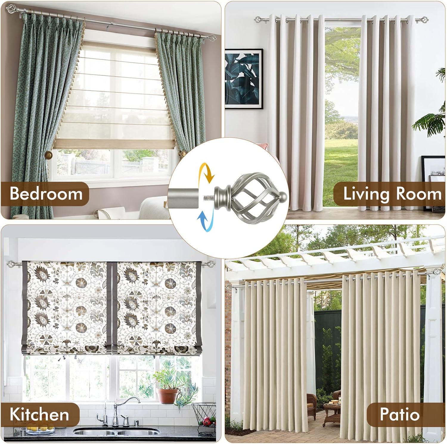 KAMANINA Silver Curtain Rod 32-58 Inch Adjustable Single Rod