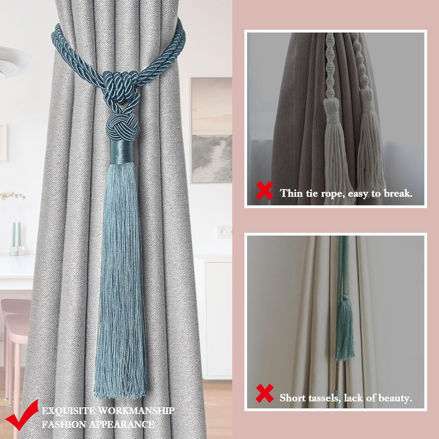 NICEEC 4 Pack Teal Curtain Tiebacks with Tassels