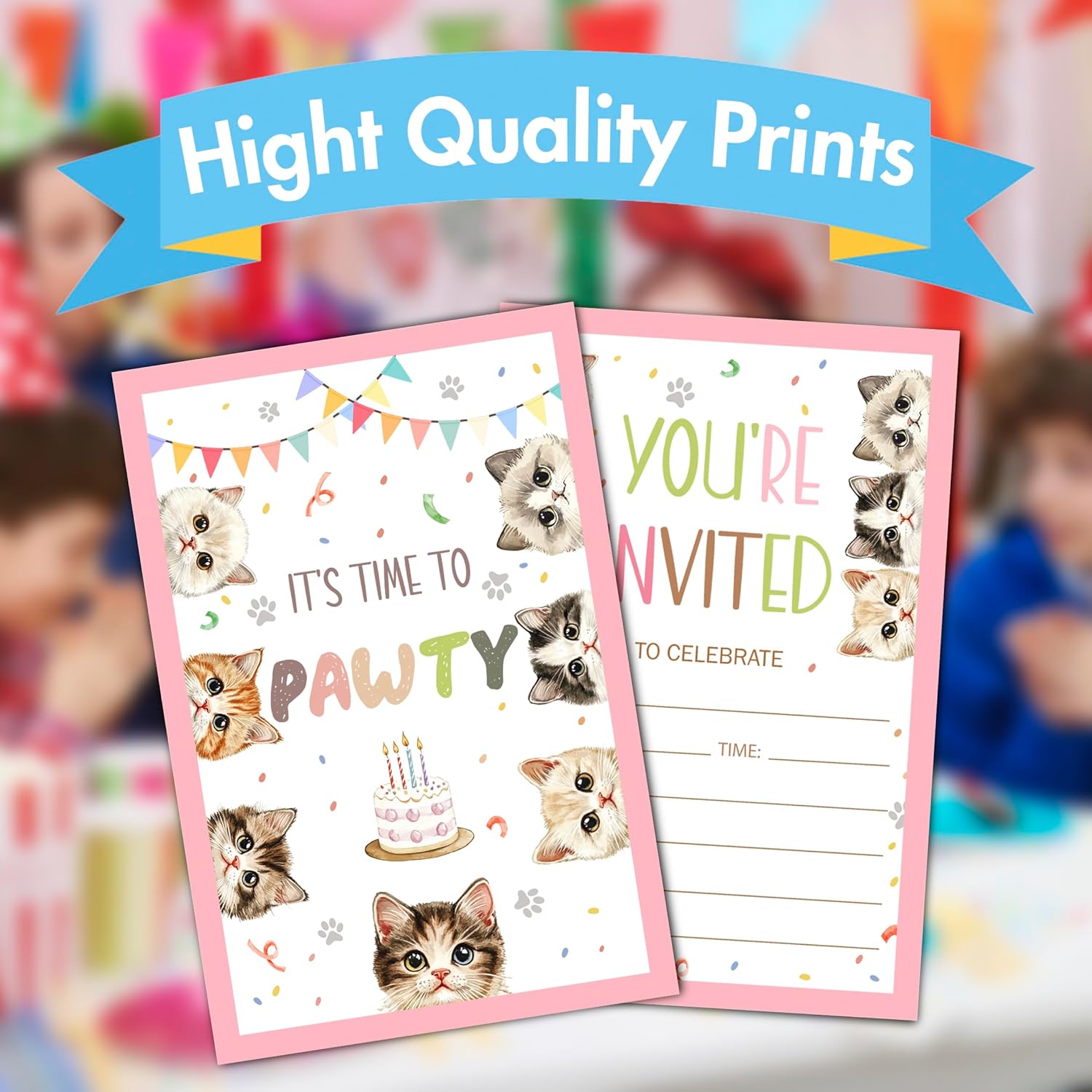 Cute Cats Birthday Invites with Envelopes 30 Count