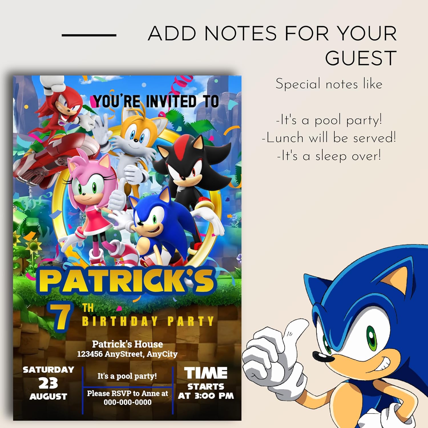 Sonic Birthday Invitations with Envelopes 4x6 Inches