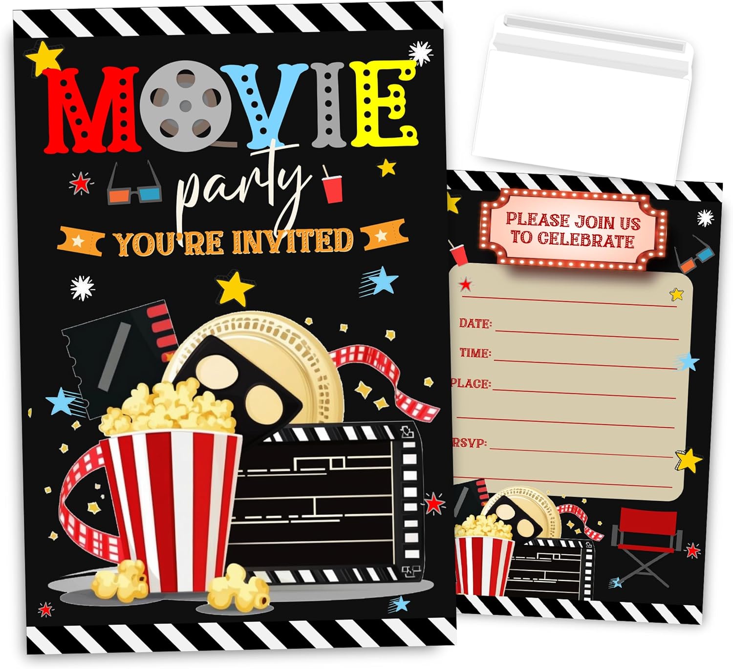 Movie Night Birthday Invitations with Envelopes