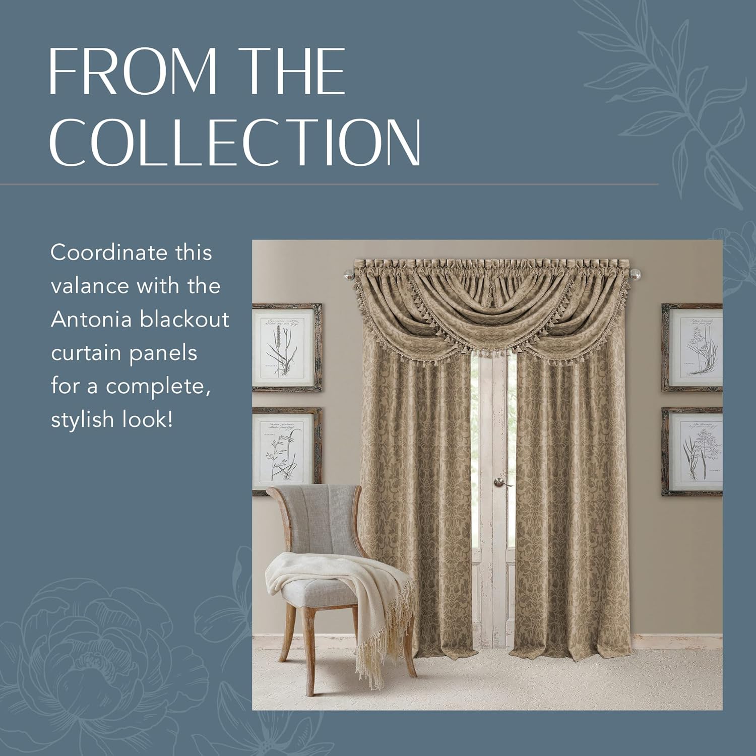 Elrene Antonia Floral Damask Window Valance with Tassels 52x36 Taupe