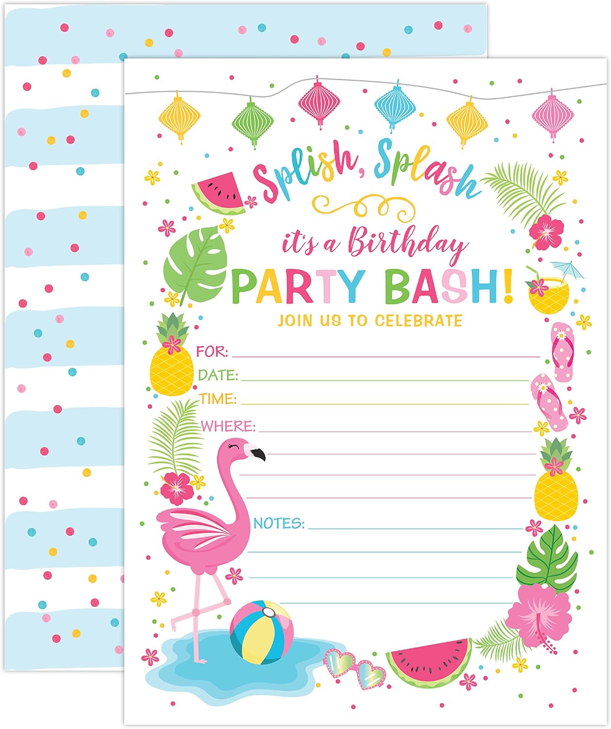 Flamingo Birthday Invite - Summer Pool Party Print - 20 Fill-In Invitations