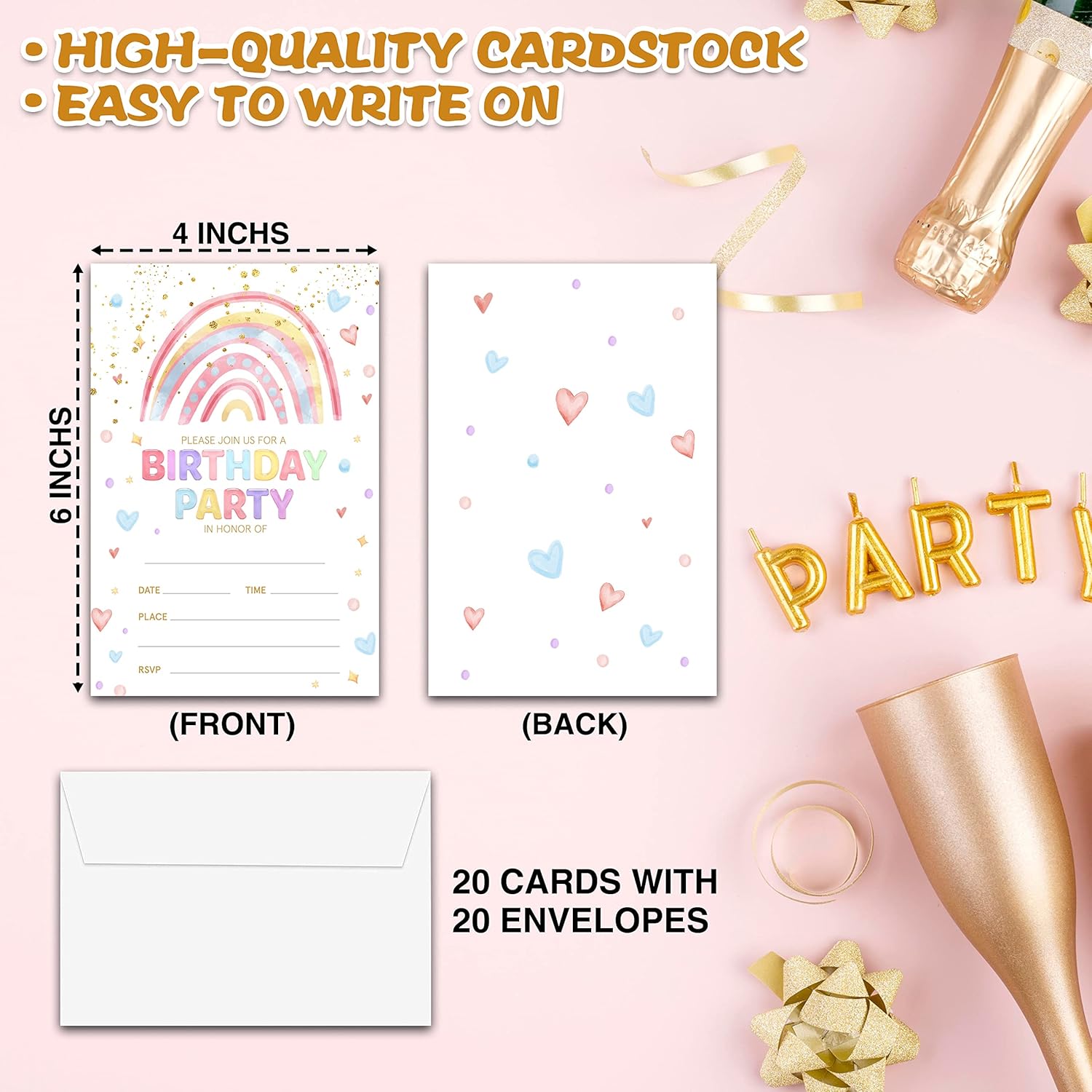 Rainbow Heart Birthday Invitations with Envelopes