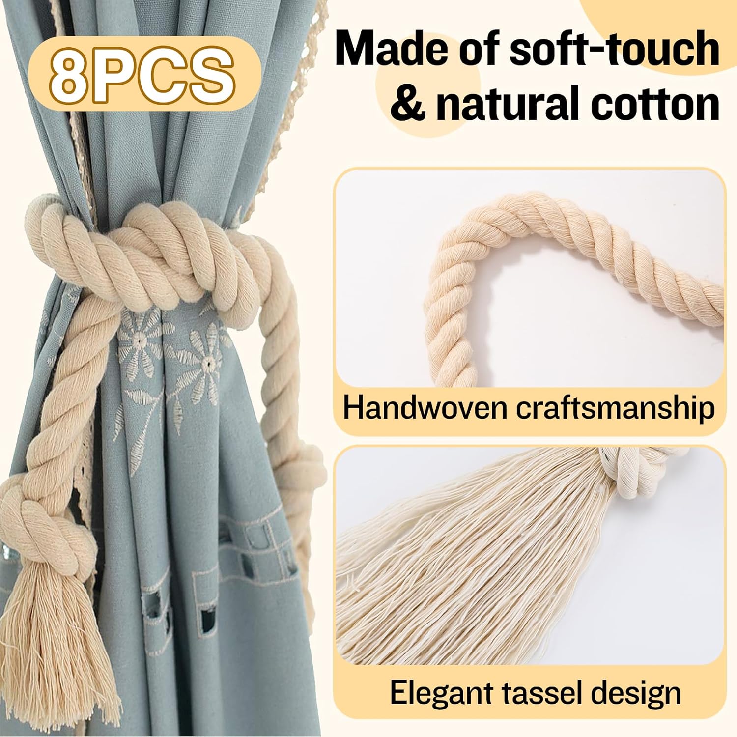 8 Pcs Hand Woven Curtain Tiebacks No Drilling